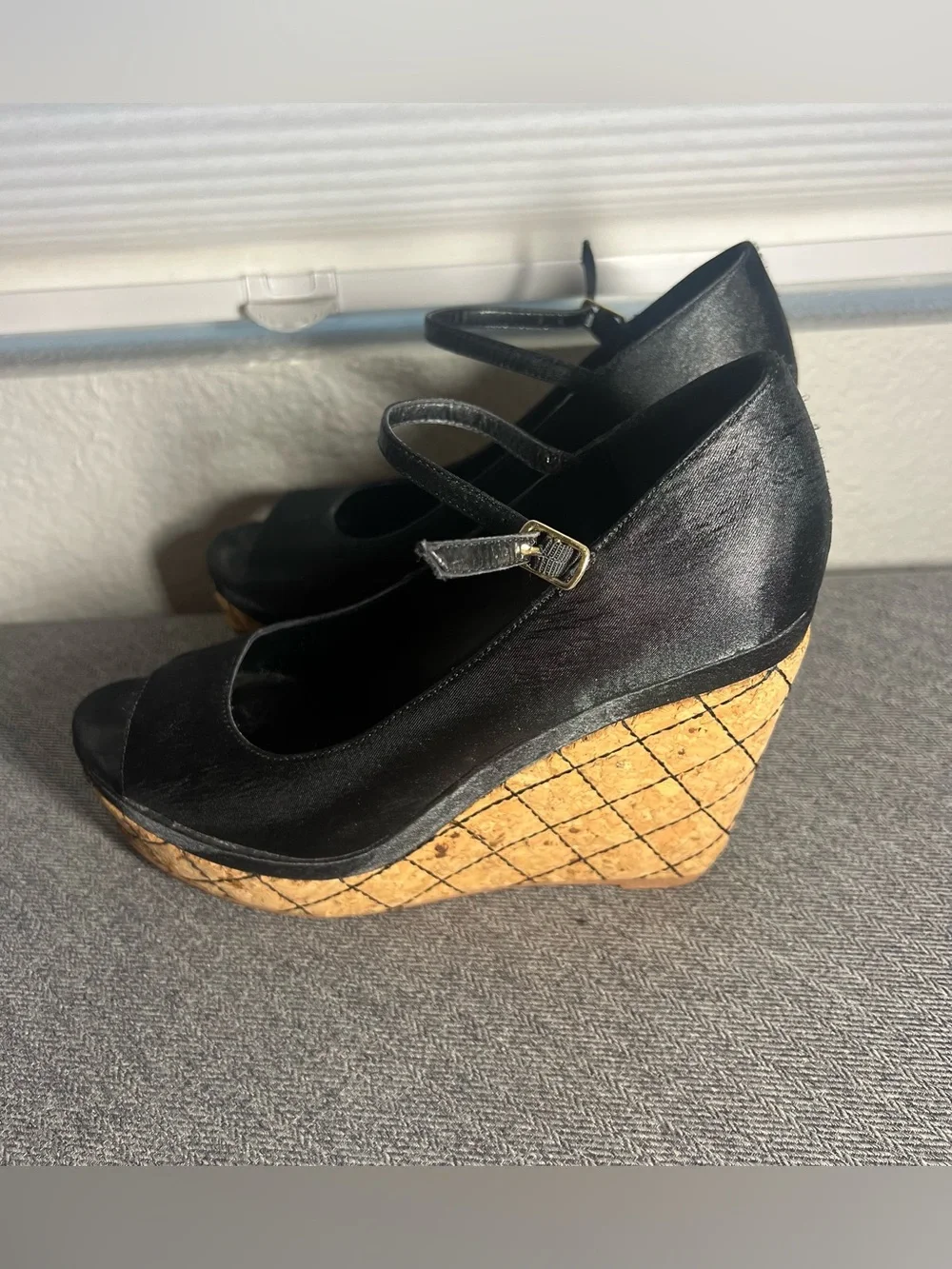 Black Peep-Toe Cork Platform Wedges – Women’s Size 7.5